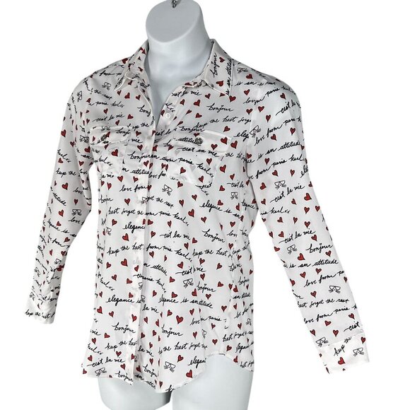 Karl Lagerfeld Paris XS White Blouse Red Heart Script Button Up Roll Tab Sleeve - Picture 5 of 16